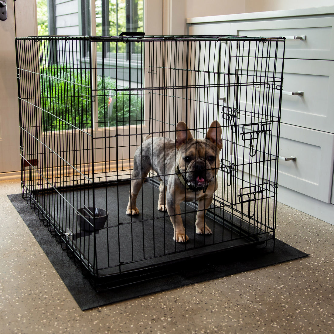 French Bulldog in kennel on G-Floor Crage, Cage, and Kennel mat