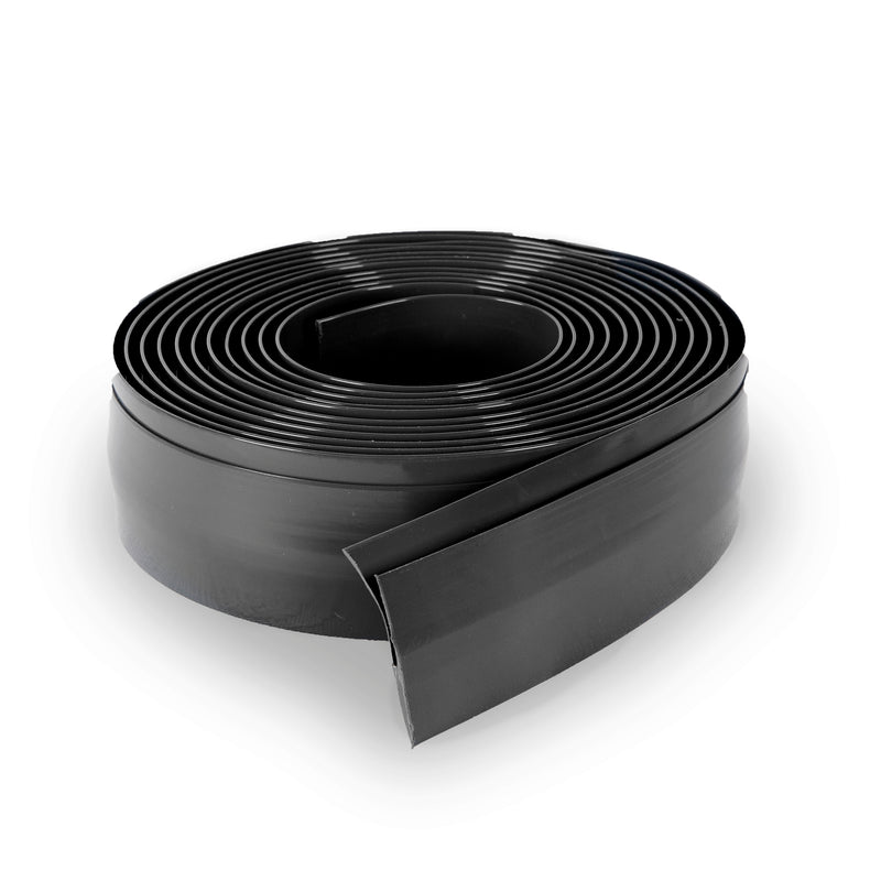 Coiled black vinyl edge trim on white background