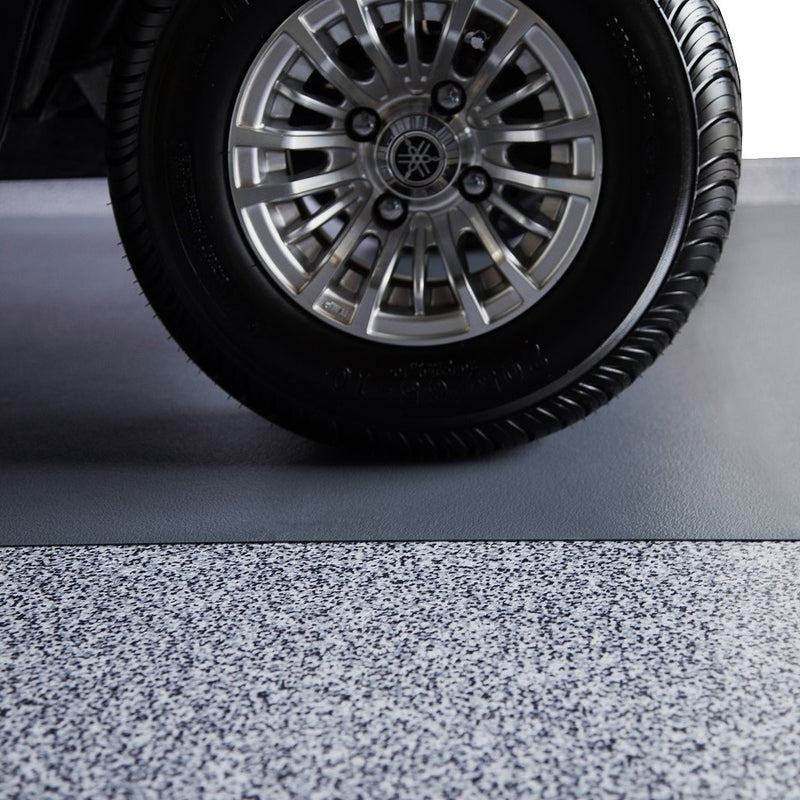 Golf cart tire on Slate Grey Ceramic texture vinyl golf cart mat
