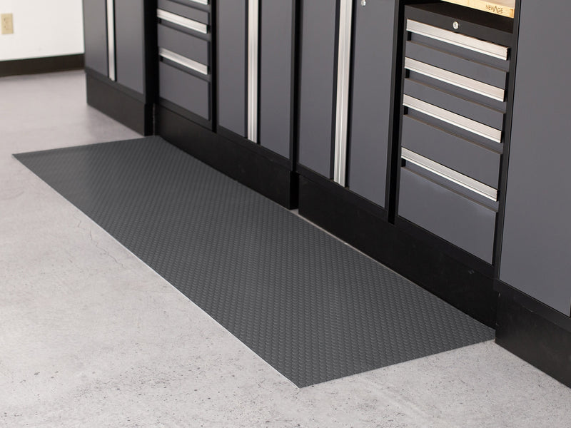 Slate Grey Small Coin texture vinyl performance runner on tile floor