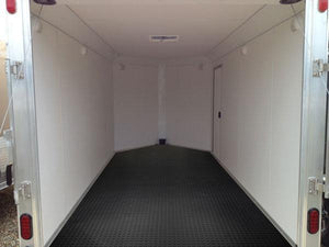 Midnight Black Coin texture vinyl shed flooring installed in shed