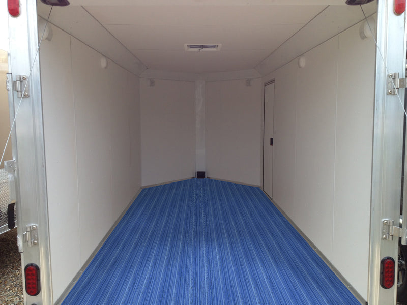 Blue Torrent welded vinyl flooring shown installed in a trailer