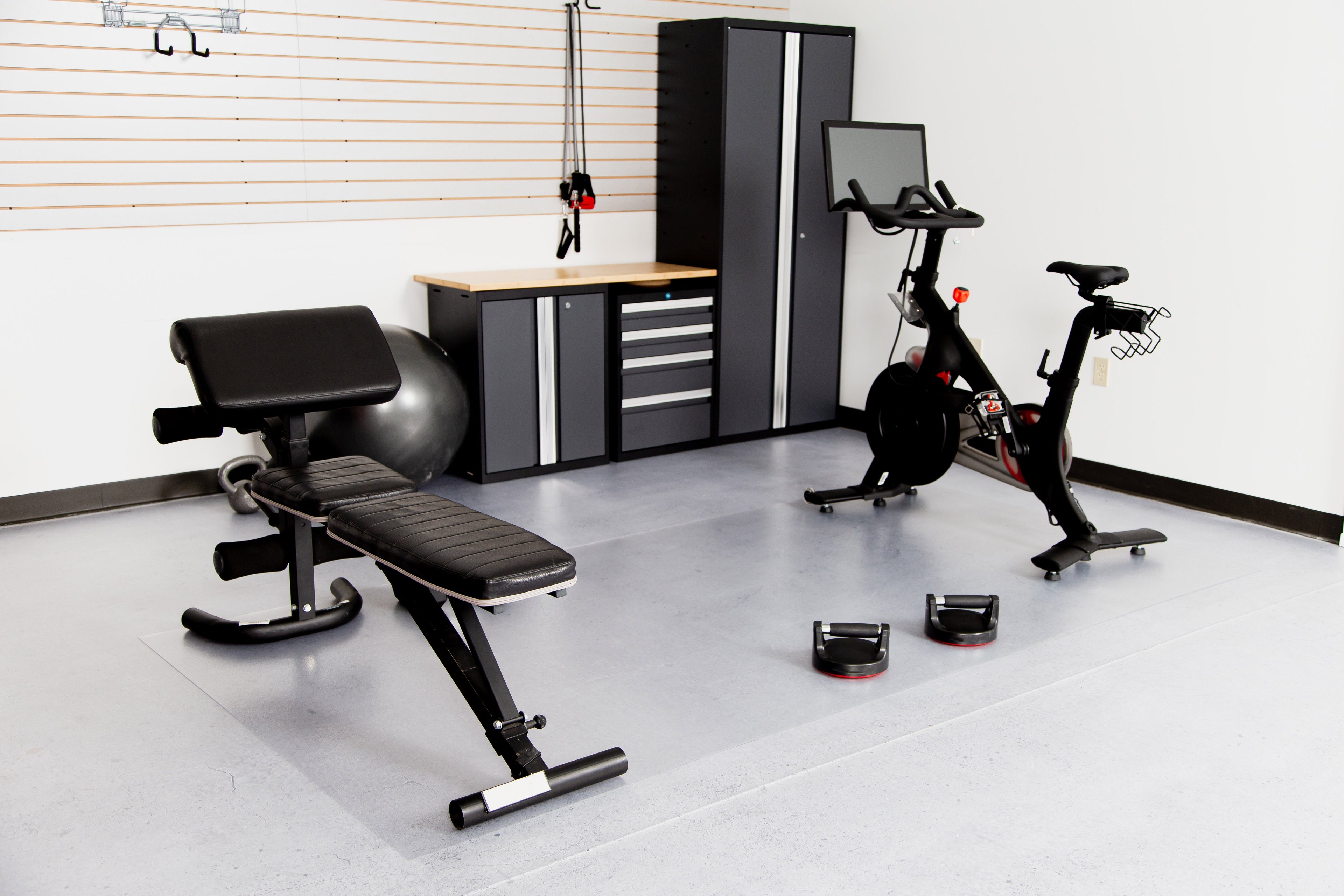 Exercise equipment on clear Ceramic vinyl flooring