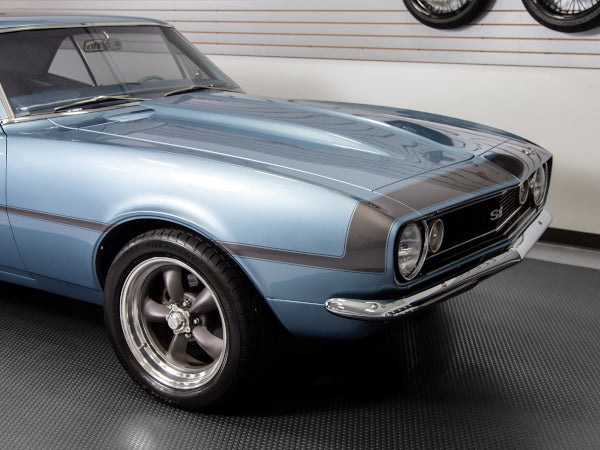 Blue Mustang on Slate Grey vinyl flooring