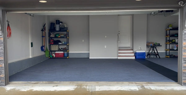 Two Drip & Dry floor mats on garage floor