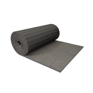 Rolled carpet bonded foam competition mat in grey showing cross-cut foam design for easy storage