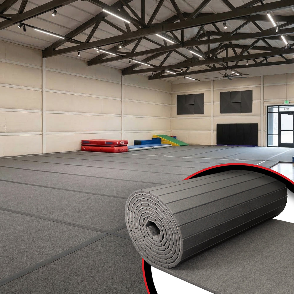 Carpet bonded foam competition roll-out mat for gymnastics and cheer training floors