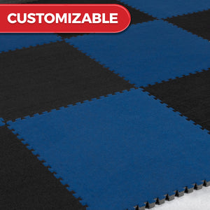 Blue and black carpet bonded foam interlocking gym tiles in customizable flooring layout