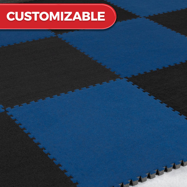 Blue and black carpet bonded foam interlocking gym tiles in customizable flooring layout