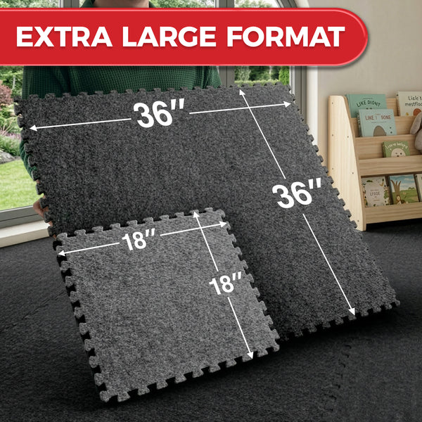 Extra large format carpet bonded foam gym flooring tiles covering a wide training area. Showing comparison from smaller more common tiles