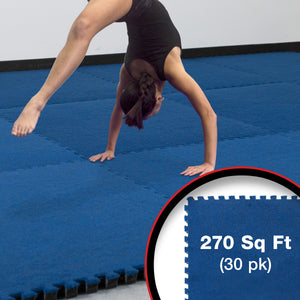 Girl doing gymnastics on foam floor tiles carpet bonded foam in blue