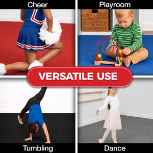 Carpet bonded foam gym flooring used for cheer, playroom, tumbling, and dance training areas
