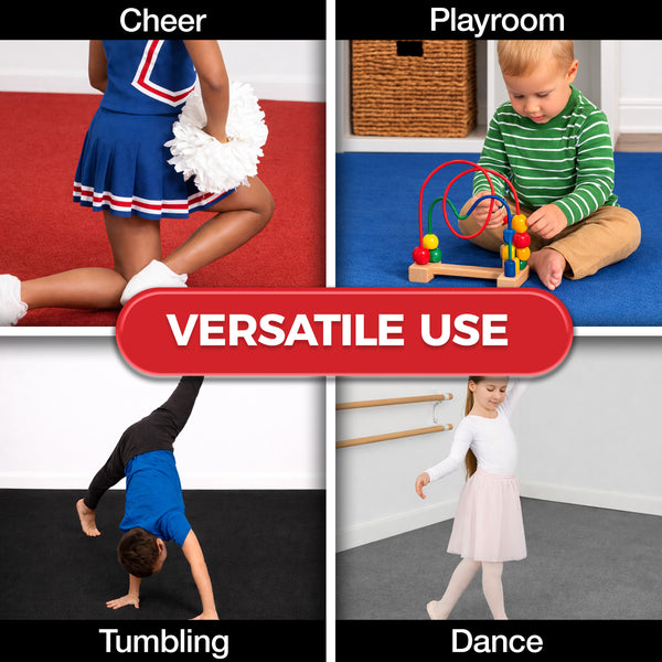 Carpet bonded foam gym flooring used for cheer, playroom, tumbling, and dance training areas