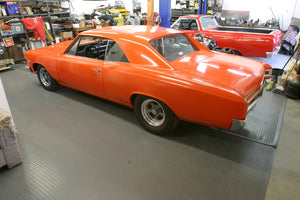 Orange cars on Slate Grey large Coin texture vinyl flooring