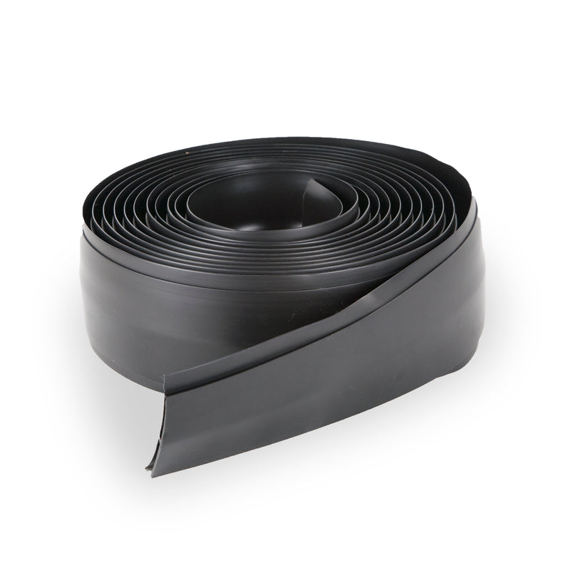 Coiled black vinyl center trim on white background