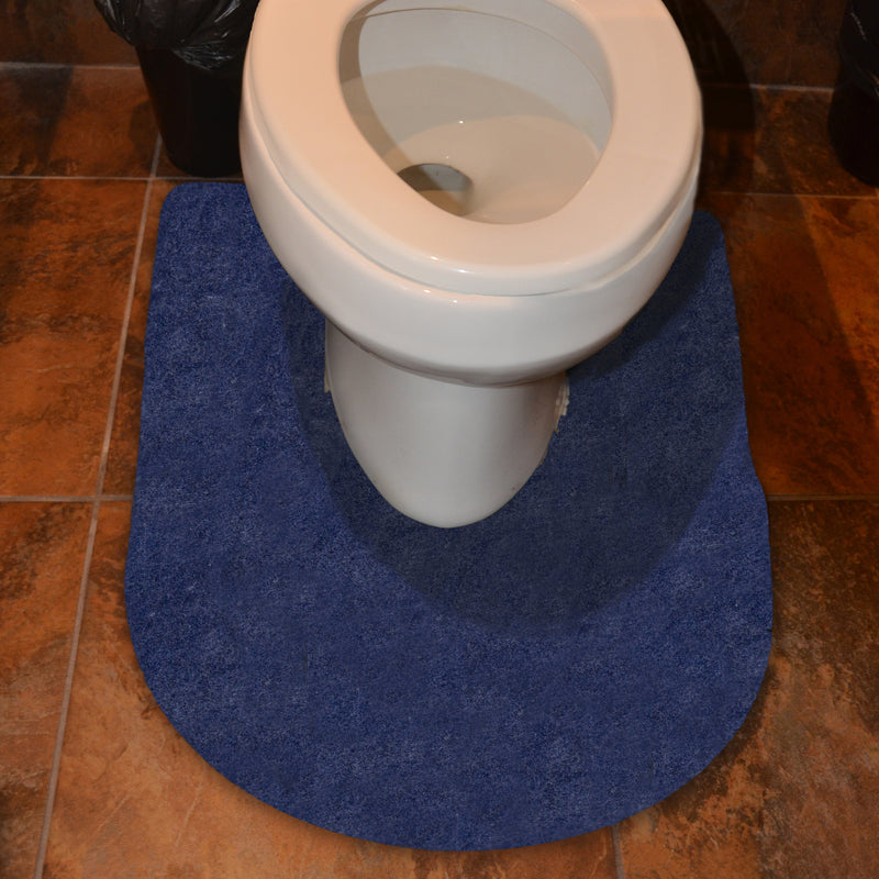 Blue Drip & Dry toilet mat at base of toilet pedestal