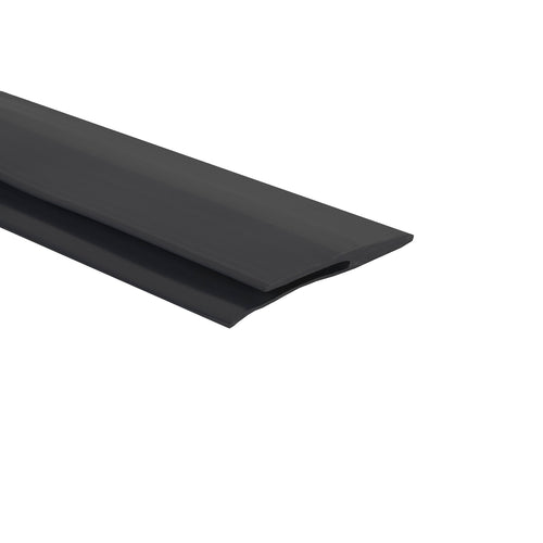 Cross section of black vinyl edge trim on white background