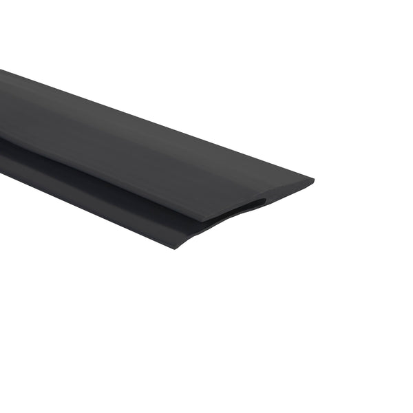 Cross section of black vinyl edge trim on white background