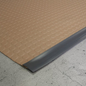 Gray vinyl edge trim on Sandstone large Coin texture vinyl flooring