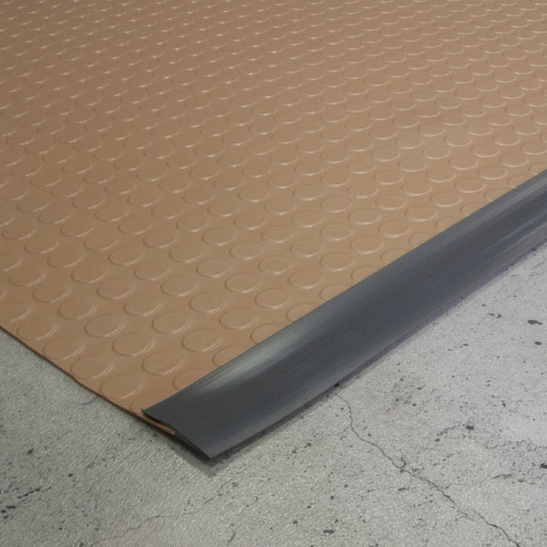 Gray vinyl edge trim on Sandstone large Coin texture vinyl flooring