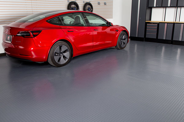 Red Tesla on Slate Grey Diamond Tread Texture