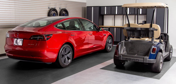 Red car and golf cart on top of Slate Grey Small Coin texture vinyl flooring mats