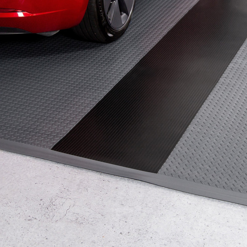 Midnight Black Ribbed texture vinyl runner with Slate Grey Diamond Tread flooring and gray edge trim