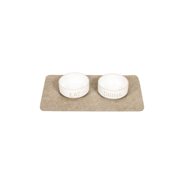 Pet food bowls on top of Tan Drip & Dry pet bowl mat