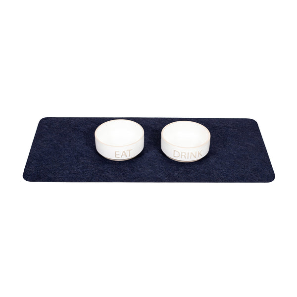 Pet food bowls on top of Blue Drip & Dry pet bowl mat