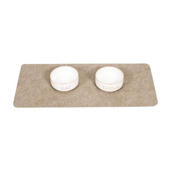 Pet food bowls on top of Tan Drip & Dry pet bowl mat