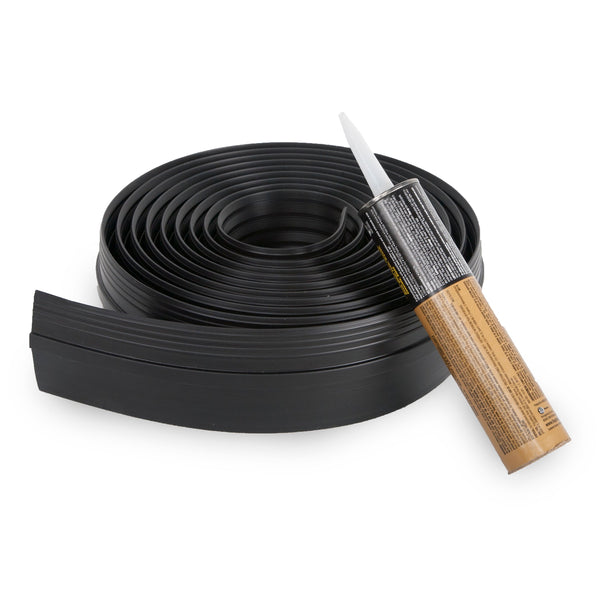 Coiled vinyl garage threshold with tube of adhesive