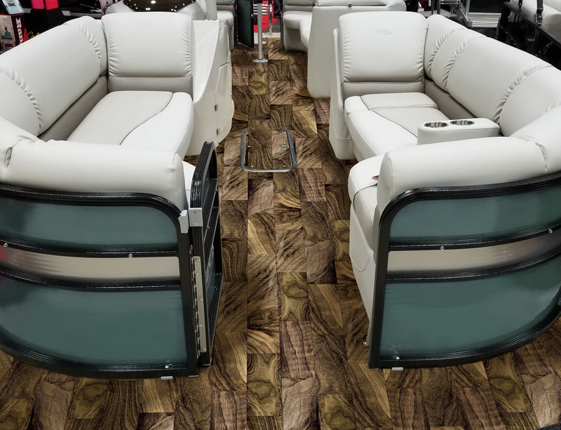 Burnt Maple Outdoor & Marine vinyl flooring with boat furniture
