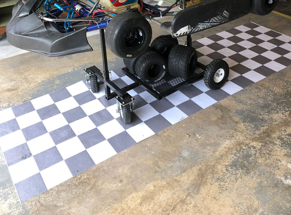 Checkerboard pattern printed liner beneath storage cart