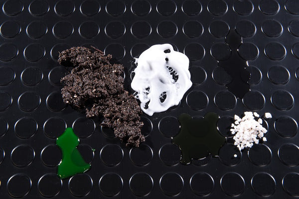 Large Coin texture in midnight black shown with chemicals (dirt, antifreeze, oil, road salt) to show resistance and containment