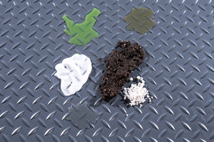 Diamond Tread texture in slate grey shown with Chemicals (dirt, antifreeze, oil, road salt) to show resistance and containment