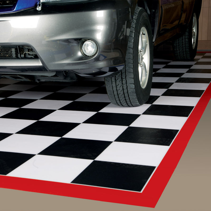 Black and white checkerboard mat with red border shown with a partial image of an SUV on the mat as an example 