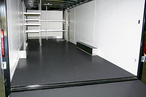 Slate Grey Diamond Tread vinyl shed flooring installed in shed