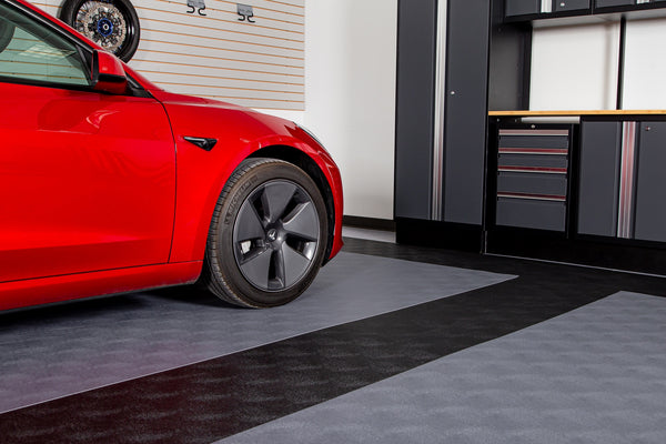 Red car on Slate Grey Levant texture flooring with Midnight Black runner