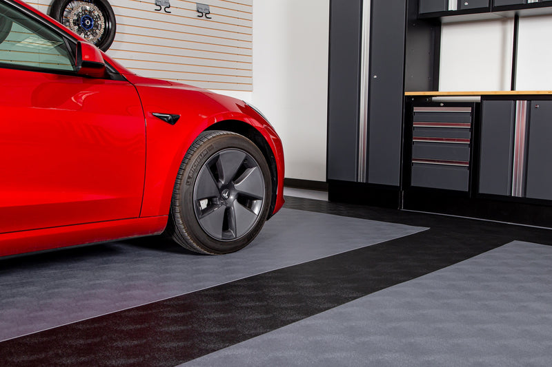 Red car on Slate Grey Levant texture flooring with Midnight Black runner