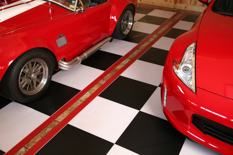 Black and white checkerboard imaged mat with red border. Each is shown with a red sports cars on the mat to show usage example