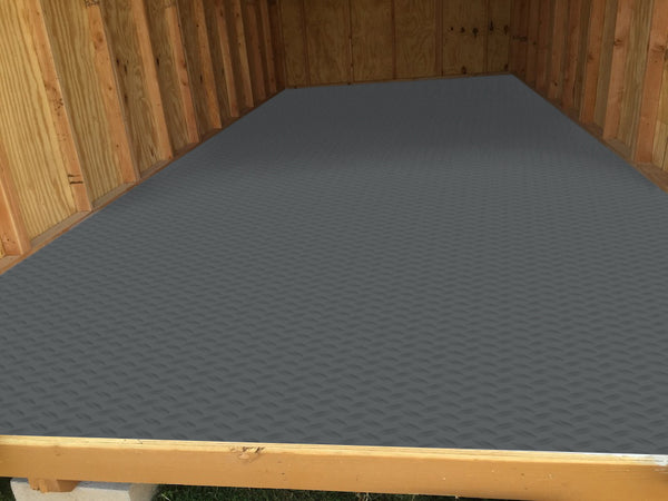 Slate Grey Diamond Tread shed flooring installed in shed
