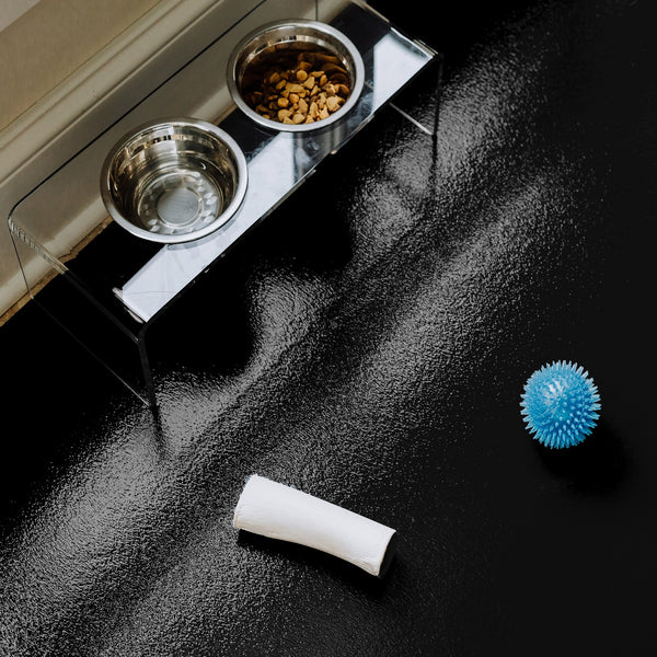 Dog bowls and toys on top of Midnight Black Ceramic texture vinyl flooring