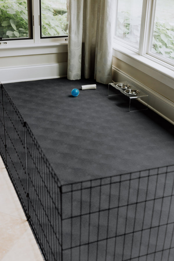 Play pen with Slate Grey Levant texture vinyl pet flooring