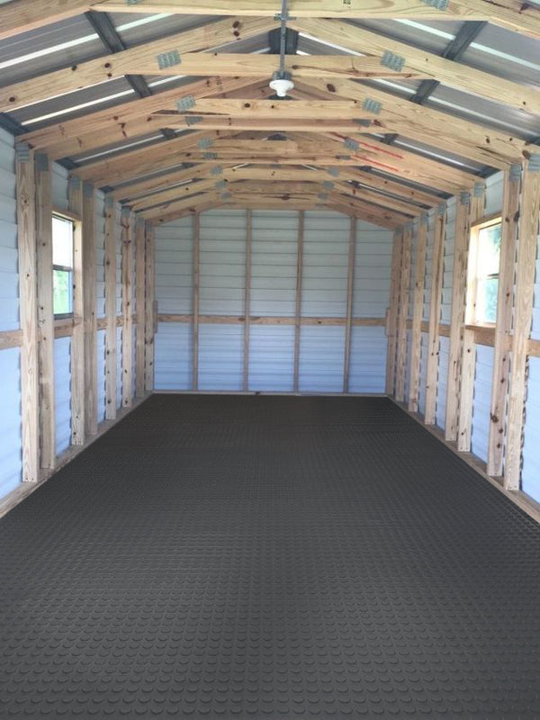 Slate Grey coin texture vinyl shed flooring installed in shed