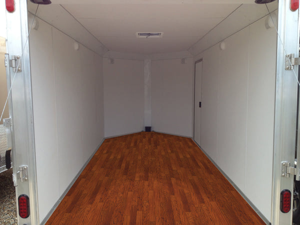 fireside hickory welded vinyl flooring shown installed in a trailer